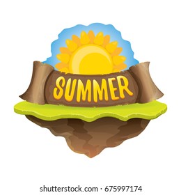 Vector summer label with  with green valley,grass, sun, clouds. Summer logo or flyer illustration. Summer landscape with blue sky
