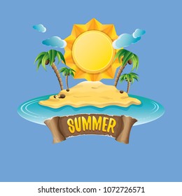 vector summer label with island tropical beach, sun, palm trees, clouds and vintage ribbon for text. summer fun vector design elements set isolated on blue background