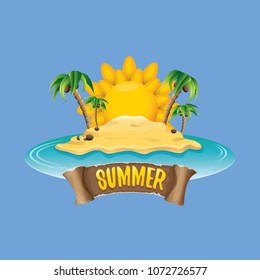 vector summer label with island tropical beach, sun, palm trees, clouds and vintage ribbon for text. summer fun vector design elements set isolated on blue background