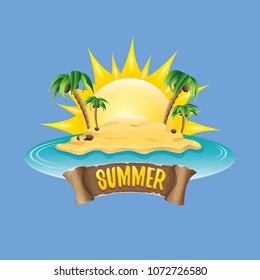 vector summer label with island tropical beach, sun, palm trees, clouds and vintage ribbon for text. summer fun vector design elements set isolated on blue background