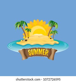 vector summer label with island tropical beach, sun, palm trees, clouds and vintage ribbon for text. summer fun vector design elements set isolated on blue background