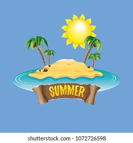 vector summer label with island tropical beach, sun, palm trees, clouds and vintage ribbon for text. summer fun vector design elements set isolated on blue background