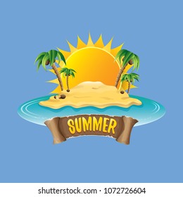 vector summer label with island tropical beach, sun, palm trees, clouds and vintage ribbon for text. summer fun vector design elements set isolated on blue background