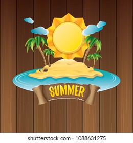 vector summer label with island tropical beach, sun, palm trees, clouds and vintage ribbon for text. summer fun vector design elements set isolated on wooden background