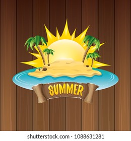 vector summer label with island tropical beach, sun, palm trees, clouds and vintage ribbon for text. summer fun vector design elements set isolated on wooden background