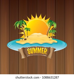 vector summer label with island tropical beach, sun, palm trees, clouds and vintage ribbon for text. summer fun vector design elements set isolated on wooden background