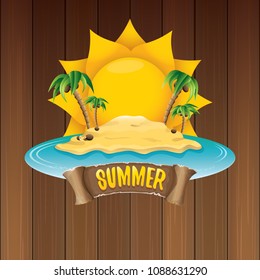 vector summer label with island tropical beach, sun, palm trees, clouds and vintage ribbon for text. summer fun vector design elements set isolated on wooden background