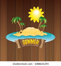 vector summer label with island tropical beach, sun, palm trees, clouds and vintage ribbon for text. summer fun vector design elements set isolated on wooden background
