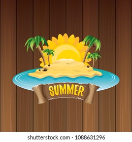 vector summer label with island tropical beach, sun, palm trees, clouds and vintage ribbon for text. summer fun vector design elements set isolated on wooden background