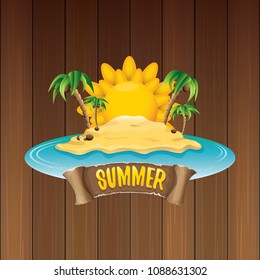 vector summer label with island tropical beach, sun, palm trees, clouds and vintage ribbon for text. summer fun vector design elements set isolated on wooden background