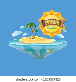 vector summer label with island tropical beach, sun, palm trees, clouds and vintage ribbon for text. summer fun vector design elements set isolated on blue background
