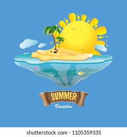 vector summer label with island tropical beach, sun, palm trees, clouds and vintage ribbon for text. summer fun vector design elements set isolated on blue background
