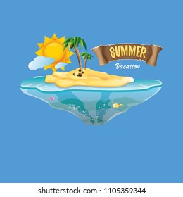 vector summer label with island tropical beach, sun, palm trees, clouds and vintage ribbon for text. summer fun vector design elements set isolated on blue background