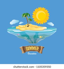 vector summer label with island tropical beach, sun, palm trees, clouds and vintage ribbon for text. summer fun vector design elements set isolated on blue background