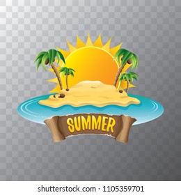 vector summer label with island tropical beach, sun, palm trees, clouds and vintage ribbon for text. summer fun vector design elements set isolated on transparent background