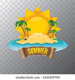 vector summer label with island tropical beach, sun, palm trees, clouds and vintage ribbon for text. summer fun vector design elements set isolated on transparent background