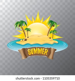 vector summer label with island tropical beach, sun, palm trees, clouds and vintage ribbon for text. summer fun vector design elements set isolated on transparent background