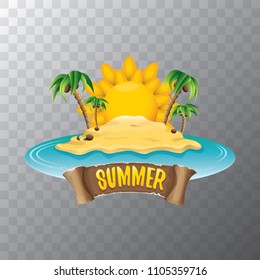 vector summer label with island tropical beach, sun, palm trees, clouds and vintage ribbon for text. summer fun vector design elements set isolated on transparent background
