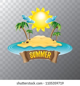 vector summer label with island tropical beach, sun, palm trees, clouds and vintage ribbon for text. summer fun vector design elements set isolated on transparent background