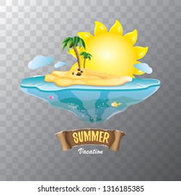 vector summer label with island tropical beach, sun, palm trees, clouds and vintage ribbon for text. summer fun vector design elements set isolated on transparent background