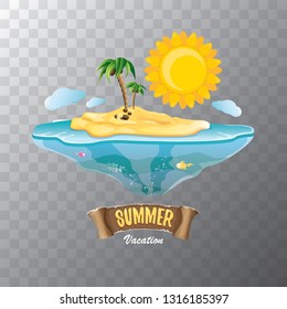 vector summer label with island tropical beach, sun, palm trees, clouds and vintage ribbon for text. summer fun vector design elements set isolated on transparent background