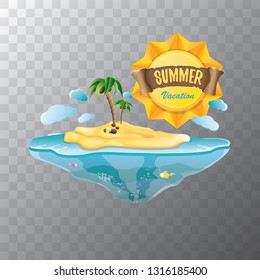 vector summer label with island tropical beach, sun, palm trees, clouds and vintage ribbon for text. summer fun vector design elements set isolated on transparent background