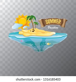 vector summer label with island tropical beach, sun, palm trees, clouds and vintage ribbon for text. summer fun vector design elements set isolated on transparent background