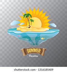 vector summer label with island tropical beach, sun, palm trees, clouds and vintage ribbon for text. summer fun vector design elements set isolated on transparent background