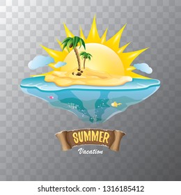 vector summer label with island tropical beach, sun, palm trees, clouds and vintage ribbon for text. summer fun vector design elements set isolated on transparent background