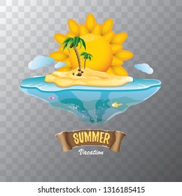 vector summer label with island tropical beach, sun, palm trees, clouds and vintage ribbon for text. summer fun vector design elements set isolated on transparent background