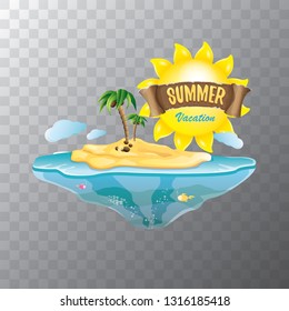 vector summer label with island tropical beach, sun, palm trees, clouds and vintage ribbon for text. summer fun vector design elements set isolated on transparent background