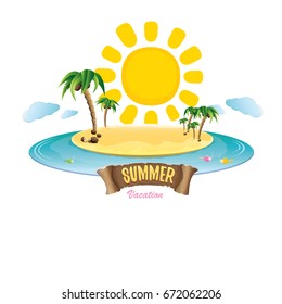 vector summer label with island tropical beach, sun, palm trees, clouds and vintage ribbon for text. summer fun vector design elements set isolated on white background