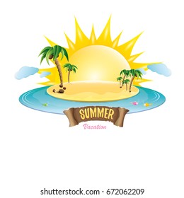 vector summer label with island tropical beach, sun, palm trees, clouds and vintage ribbon for text. summer fun vector design elements set isolated on white background