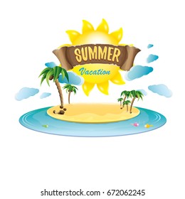 vector summer label with island tropical beach, sun, palm trees, clouds and vintage ribbon for text. summer fun vector design elements set isolated on white background