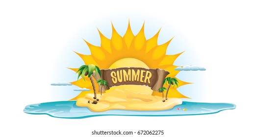 vector summer label with island tropical beach, sun, palm trees, clouds and vintage ribbon for text. summer fun vector design elements set isolated on white background