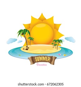 vector summer label with island tropical beach, sun, palm trees, clouds and vintage ribbon for text. summer fun vector design elements set isolated on white background
