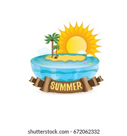 vector summer label with island tropical beach, sun, palm trees, clouds and vintage ribbon for text. summer fun vector design elements set isolated on white background