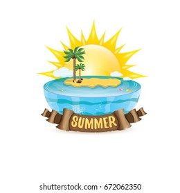 vector summer label with island tropical beach, sun, palm trees, clouds and vintage ribbon for text. summer fun vector design elements set isolated on white background