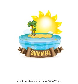 vector summer label with island tropical beach, sun, palm trees, clouds and vintage ribbon for text. summer fun vector design elements set isolated on white background