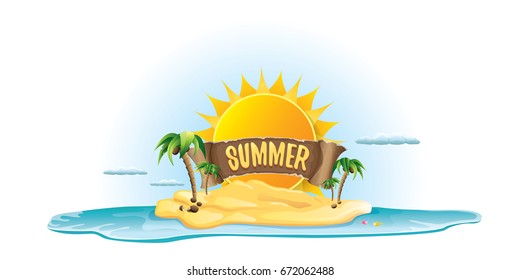 vector summer label with island tropical beach, sun, palm trees, clouds and vintage ribbon for text. summer fun vector design elements set isolated on white background