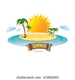 vector summer label with island tropical beach, sun, palm trees, clouds and vintage ribbon for text. summer fun vector design elements set isolated on white background