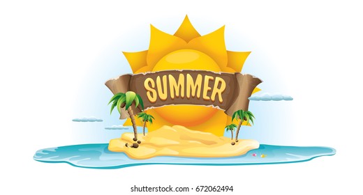 vector summer label with island tropical beach, sun, palm trees, clouds and vintage ribbon for text. summer fun vector design elements set isolated on white background