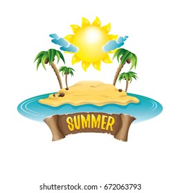 vector summer label with island tropical beach, sun, palm trees, clouds and vintage ribbon for text. summer fun vector design elements set isolated on white background