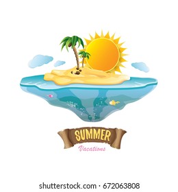 vector summer label with island tropical beach, sun, palm trees, clouds and vintage ribbon for text. summer fun vector design elements set isolated on white background