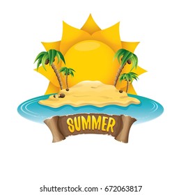 vector summer label with island tropical beach, sun, palm trees, clouds and vintage ribbon for text. summer fun vector design elements set isolated on white background