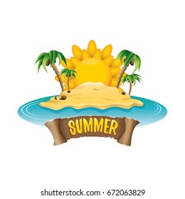 vector summer label with island tropical beach, sun, palm trees, clouds and vintage ribbon for text. summer fun vector design elements set isolated on white background