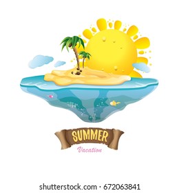 vector summer label with island tropical beach, sun, palm trees, clouds and vintage ribbon for text. summer fun vector design elements set isolated on white background
