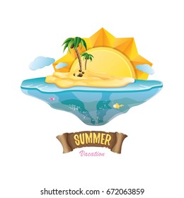 vector summer label with island tropical beach, sun, palm trees, clouds and vintage ribbon for text. summer fun vector design elements set isolated on white background