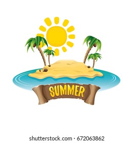 vector summer label with island tropical beach, sun, palm trees, clouds and vintage ribbon for text. summer fun vector design elements set isolated on white background