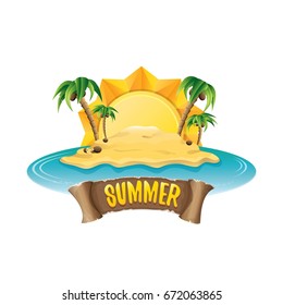 vector summer label with island tropical beach, sun, palm trees, clouds and vintage ribbon for text. summer fun vector design elements set isolated on white background